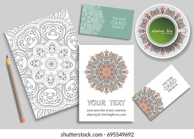 Cup of green tea, greeting card or invitation design, business card concept idea. Hand drawn doodle mandala ornament on a saucer, pencil and sketch coloring page, size A4. Vector mock up templates set