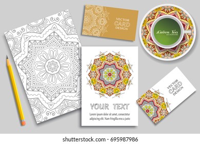 Cup of green tea, greeting card or invitation design, business card concept idea. Hand drawn doodle mandala ornament on a saucer, pencil and sketch coloring page, size A4. Vector mock up templates set