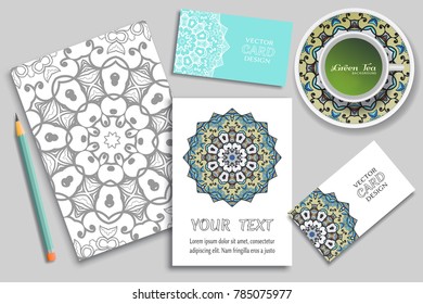 Cup of green tea, greeting card or invitation design, business card concept idea. Hand drawn doodle mandala ornament on a saucer, pencil and sketch coloring page, size A4. Vector mock up templates set