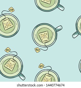 Cup of green tea. Hand drawn cute cartoon seamless pattern. Texture background