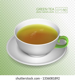 A cup of green tea isolated on transparent background. White porcelain tea cup in a realistic style. This cup can be placed on any background. Vector illustration