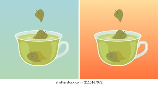 Cup of green tea with leafs. Vector illustration in flat cartoon style.