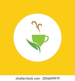 a cup of green tea leaves on a yellow background