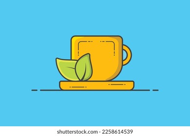 Taza de té verde con ilustración vectorial de hojas verdes. Concepto de ícono de objeto de comida y bebida. Té taza de hojas verdes, diseño del logo de la hoja de té, símbolo de té. Copa con hojas de diseño vectorial con sombra.
