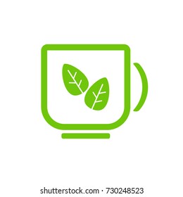 Cup of green tea with leaves, vector icon.