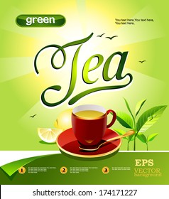 Taza de té verde con limón sobre un fondo brillante