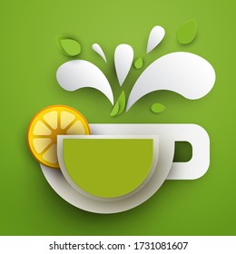 Cup of green tea with lemon slice. Abstract art composition in modern geometric papercut style. Minialistic concept design template for branding. Vector flat illustration.