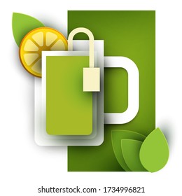 Cup of green tea with lemon slice. Abstract art composition in modern geometric papercut style. Minialistic concept design template for branding. Vector flat illustration.