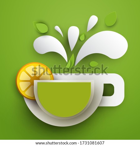 Cup of green tea with lemon slice. Abstract art composition in modern geometric papercut style. Minialistic concept design template for branding. Vector flat illustration.