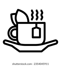 Icono de la copa de la línea de té verde, concepto de bebidas, Taza de té con bolso de té y hojas frescas señas sobre fondo blanco, Bebida caliente en una taza sobre el contorno para el móvil. Gráficos vectoriales.