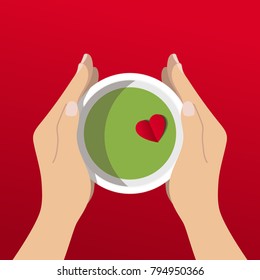 Cup of Green Tea Matcha. Vector Illustarion. Abstract Background. Decorative Design for Tea Lovers for Cards, Posters, Stickers, Bags