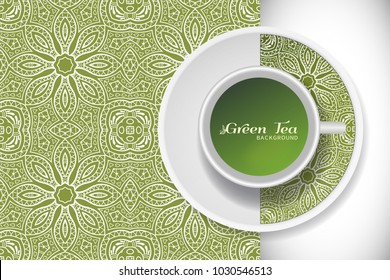 Cup of green tea with ornament on a saucer and hand drawn seamless lace pattern. Business coffee break or tea time concept, interior background. Isolated cup and plate decor elements