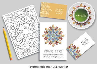 Cup of green tea with ornate saucer. Greeting card or invitation, business card set, pencil and sketch coloring page, size A4. Colorful hand drawn mandala ornament. Vector mock up templates