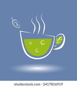 Eine Tasse grüner Tee ist mit einer weißen Linie auf buntem Hintergrund dargestellt. Vektorgrafik.eps