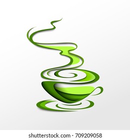 Cup of green tea. Paper vector illustration. Tea time design