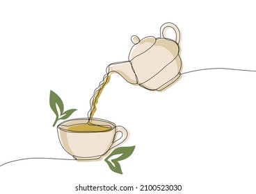 Cup of green tea. Tea pot and tea leaves. One continuous line drawing. Vector illustration