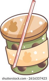 A cup of green tea with a rabbit pattern and a straw