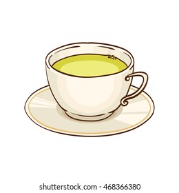 Cup of green tea with saucer. Vector hand drawn illustration, isolated on white