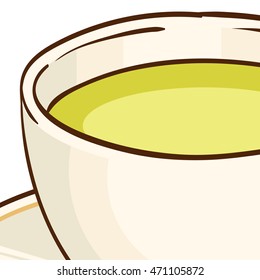 Cup of green tea with saucer. Vector hand drawn illustration, isolated on white