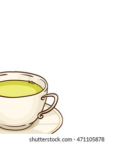 Cup of green tea with saucer. Vector hand drawn illustration, isolated on white