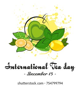 Cup of green tea in shape of heart with lemon, mint and tea leaves on white background. International Tea Day in December 15. Vector illustration