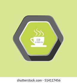 Cup of green tea vector icon with shadow on the hexagon gray background.