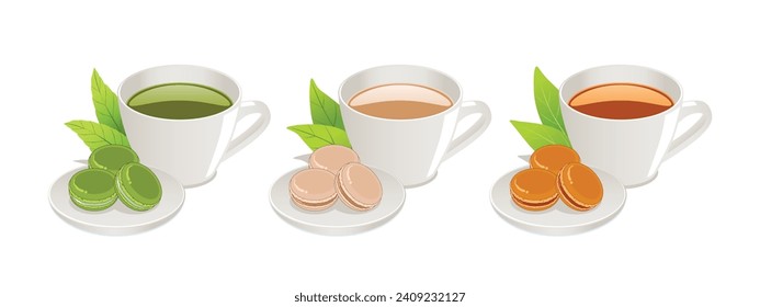 Cup of green tea,Cup of milk tea,Cup of Thai milk tea with macarons on white background.