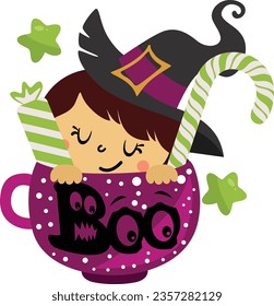 Cup halloween treats or tricks with funny witch