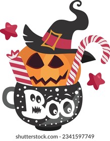 Cup halloween treats or tricks with pumpkin
