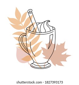 Cup in a hand drawn linear style with colorful autumn leaves. Isolated on white.