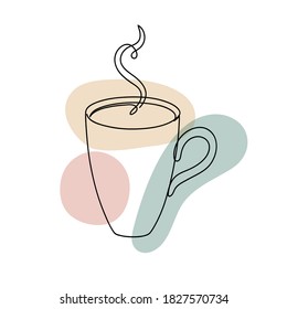 Cup in a hand drawn linear style with colorful abstract stains. Isolated on white.