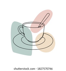 Cup in a hand drawn linear style with colorful abstract stains. Isolated on white.