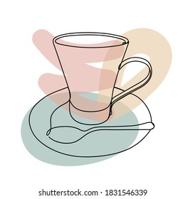 Cup in a hand drawn linear style with colorful abstract stains. Isolated on white.