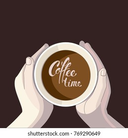 cup in hand on a chocolate background and letting coffee time