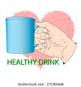 Cup in hand. Poster about healthy drink. Vector illustration, icon, element for design or a fashion print.