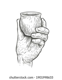 Cup in hand sketch. Drink drawn vintage vector illustration