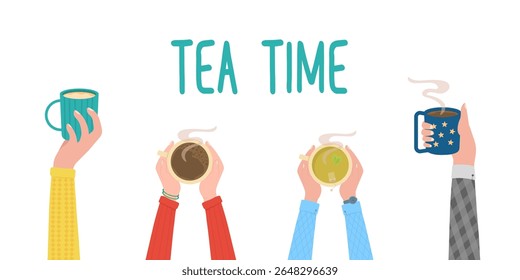 Cup in hand vector. Reusable tumbler illustration with coffee or tea to go. Portable drink container for takeaway or gym use. Flat design of insulated mug, thermos, or bottle with eco-friendly message