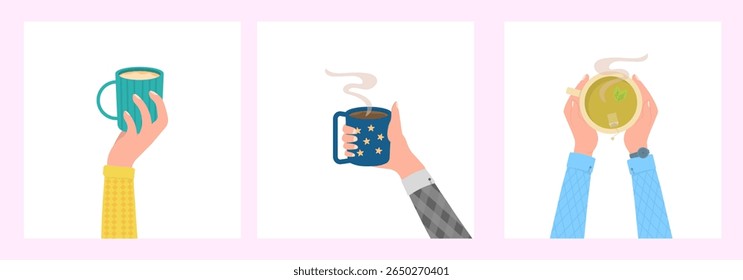 Cup in hand vector. Reusable tumbler illustration with coffee or tea to go. Portable drink container for takeaway or gym use. Flat design of insulated mug, thermos, or bottle with eco-friendly message