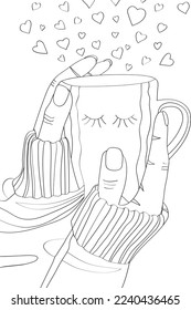 Cup in hand.Antistress coloring. Vector black and white illustration for coloring.