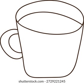 Copo com alça delineada em contorno limpo, mostrando superfície líquida e borda arredondada. Símbolo de conforto, pausa, humor de café e calor para marca de bebidas. Ilustração de vetor de desenhos animados.
