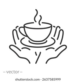 cup in hands, coffee cup icon, hot drink, linear sign isolated on white background - editable vector illustration eps10