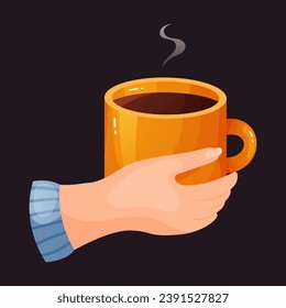 Cup hands. On a dark background, a mug of hot coffee