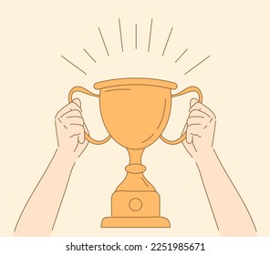 Cup in hands vector in sketch style. First place  icon. Champion cup in doodle style. Awards, trophy cups, stars. Winner prize, champion 