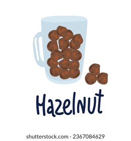 Tasse Haselnuss Vektorgrafik einer Haselnuss, ganz geschält, in Hälften gehackt. . Vektorsymbol auf weißem Hintergrund.