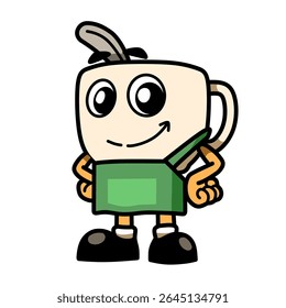 Uma xícara encabeçada personagem de desenho animado com um avental verde. Ele está sorrindo e olhando para a câmera