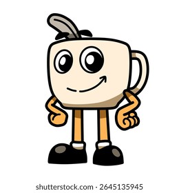 A cup headed cartoon character with a spoon on his head. He is smiling and looking at the camera