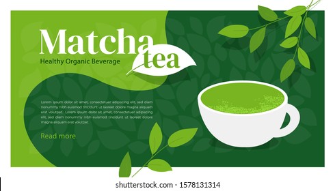 Cup of healthy organic beverage matcha tea. Illustration of Japanese drink made from green powder. Branches of tea plant with leaves. Macha logo design. Background, template for menu, web page, flyer
