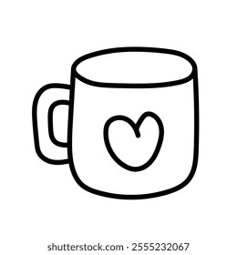 Cup with a heart. Black and white illustration, hand drawn coloring.