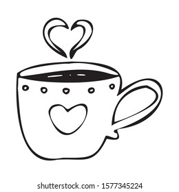 cup with heart decor single element hand drawn doodle style. Vector illustration. Black outlines isolated on white background. Valentine's day design for invitations, wedding or greeting cards.