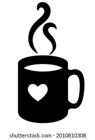 Cup with a heart. Cup with a hot drink - coffee or tea and rising trickles of steam - vector silhouette illustration for logo or pictogram. Mug with heart sign or symbol for identity.
